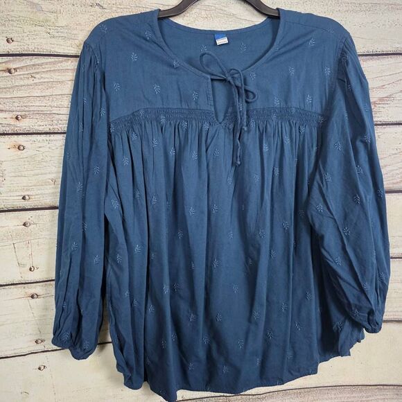 Old Navy Blue Embroidered Boho Peasant Top 2X - Picture 2 of 6